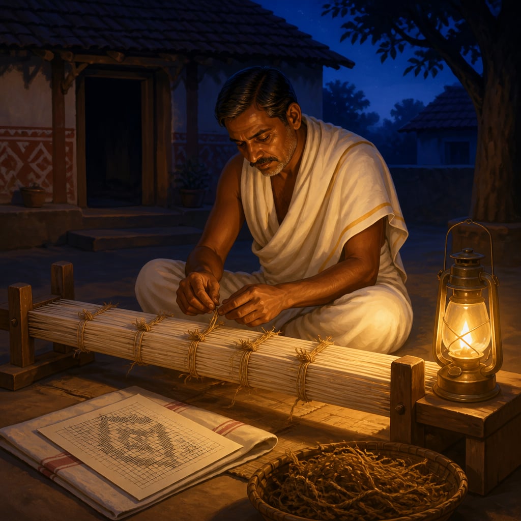 Kamalakanta Meher tying coconut fibre knots on warp yarn before dawn in Barpali