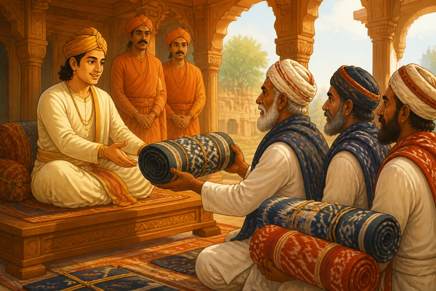 King Ramai Dev welcoming Bhulia weavers to his Patnagarh court in the twelfth century
