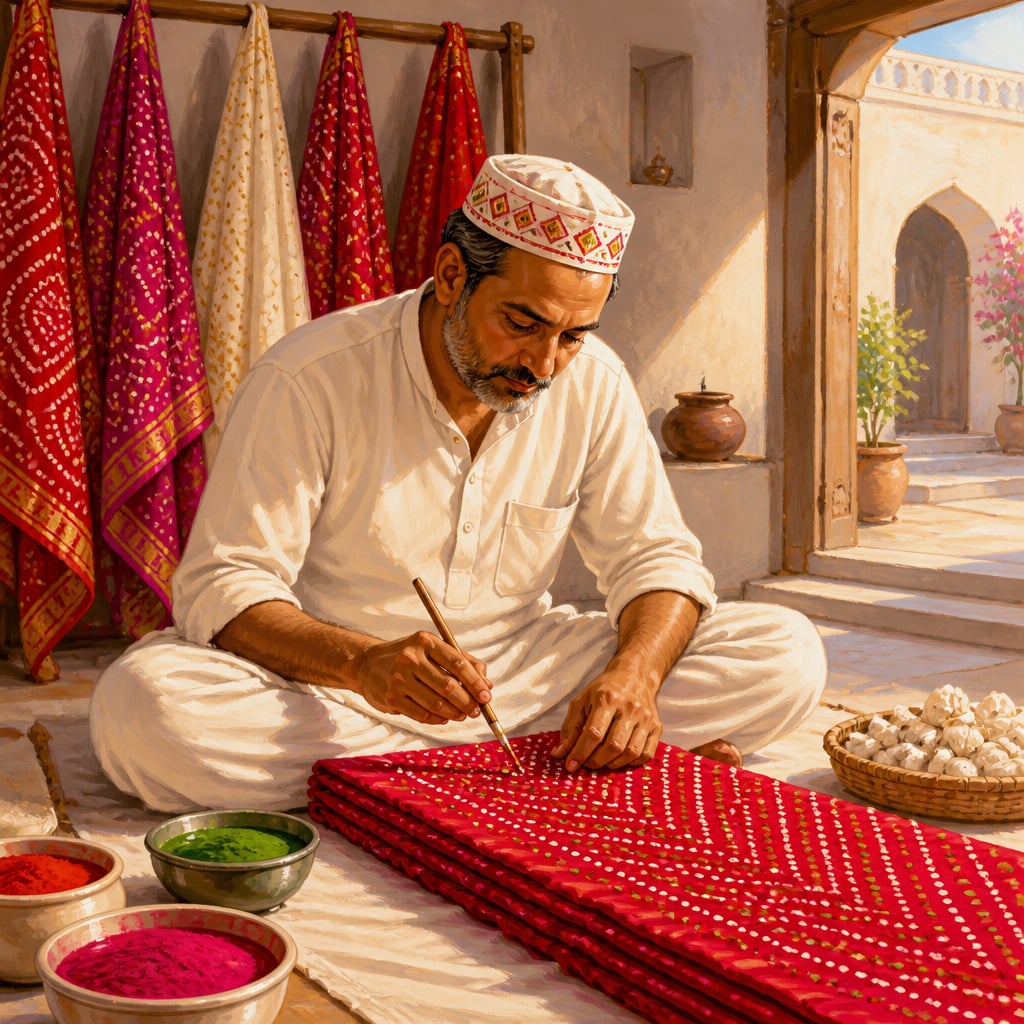 Abdul Jabbar Khatri marking thousands of tying dots on red mulmul in his Bhuj workshop