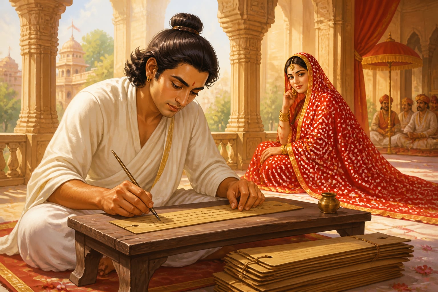 Banabhatta writing the Harshacharita beside a noblewoman in a bandhani odhni