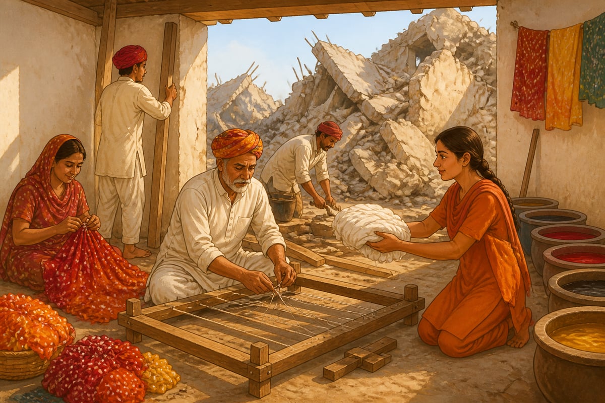 Khatri artisans and Shrujan revivalists rebuilding a Bhuj workshop after the 2001 Kutch earthquake