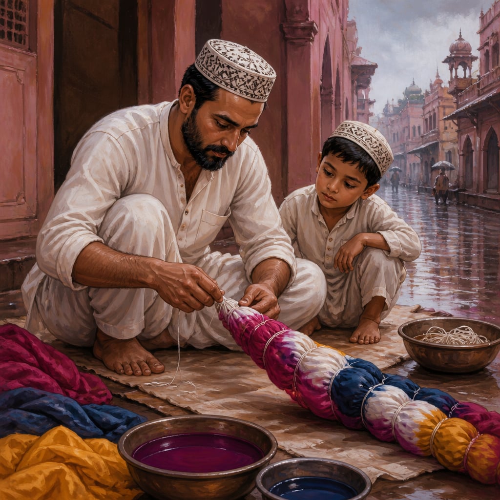 Imamuddin tying a panchranga leheriya turban in a 1895 Jaipur monsoon lane