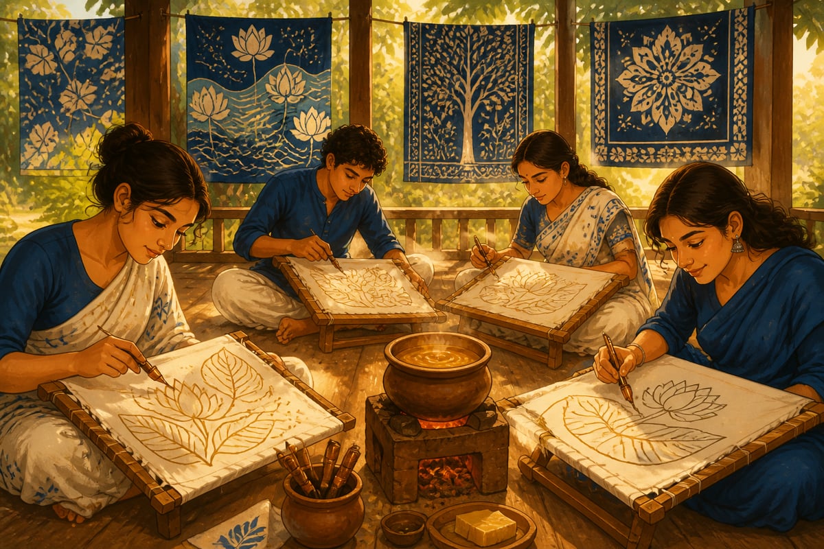 Bengali students drawing batik motifs with copper canting pens at Shantiniketan