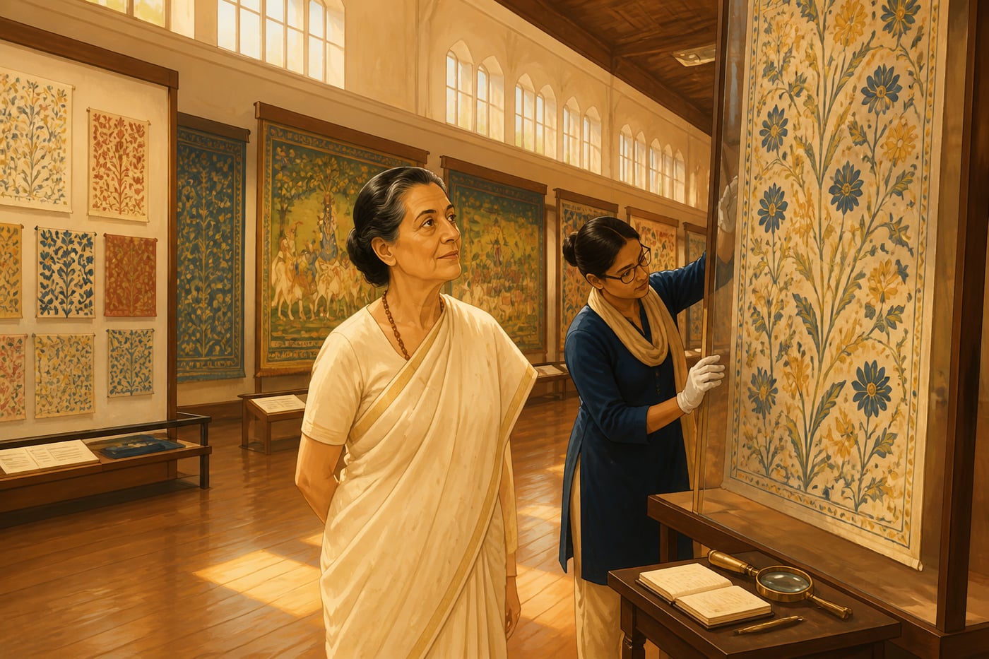 Gira Sarabhai cataloging painted cloth at Calico Museum gallery