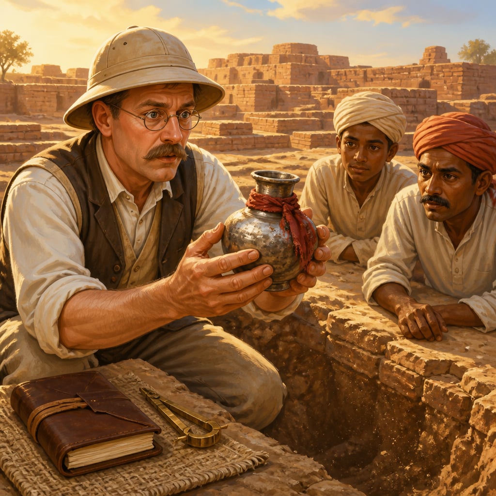 Ernest Mackay lifting silver vase with madder-dyed cotton at Mohenjo-daro