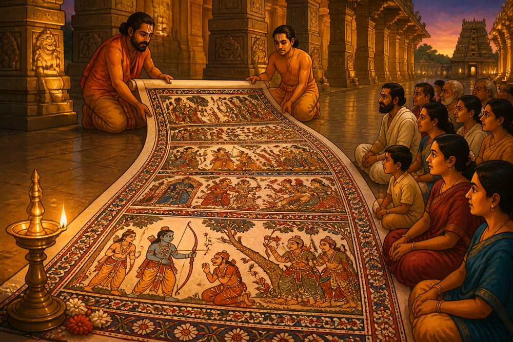 Srikalahasti temple hanging unfurled in temple corridor at dusk
