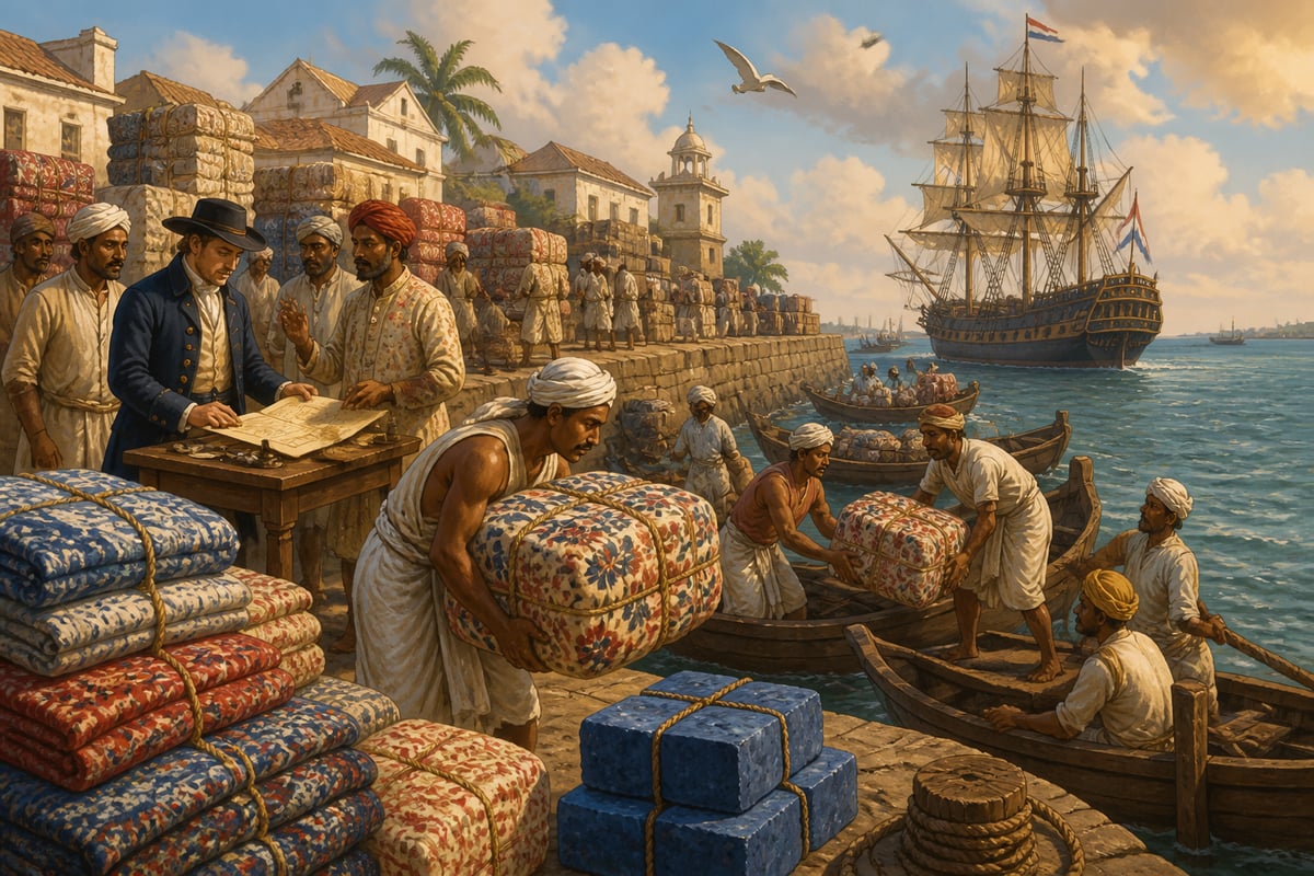Indian dock workers loading chintz bales at Machilipatnam port