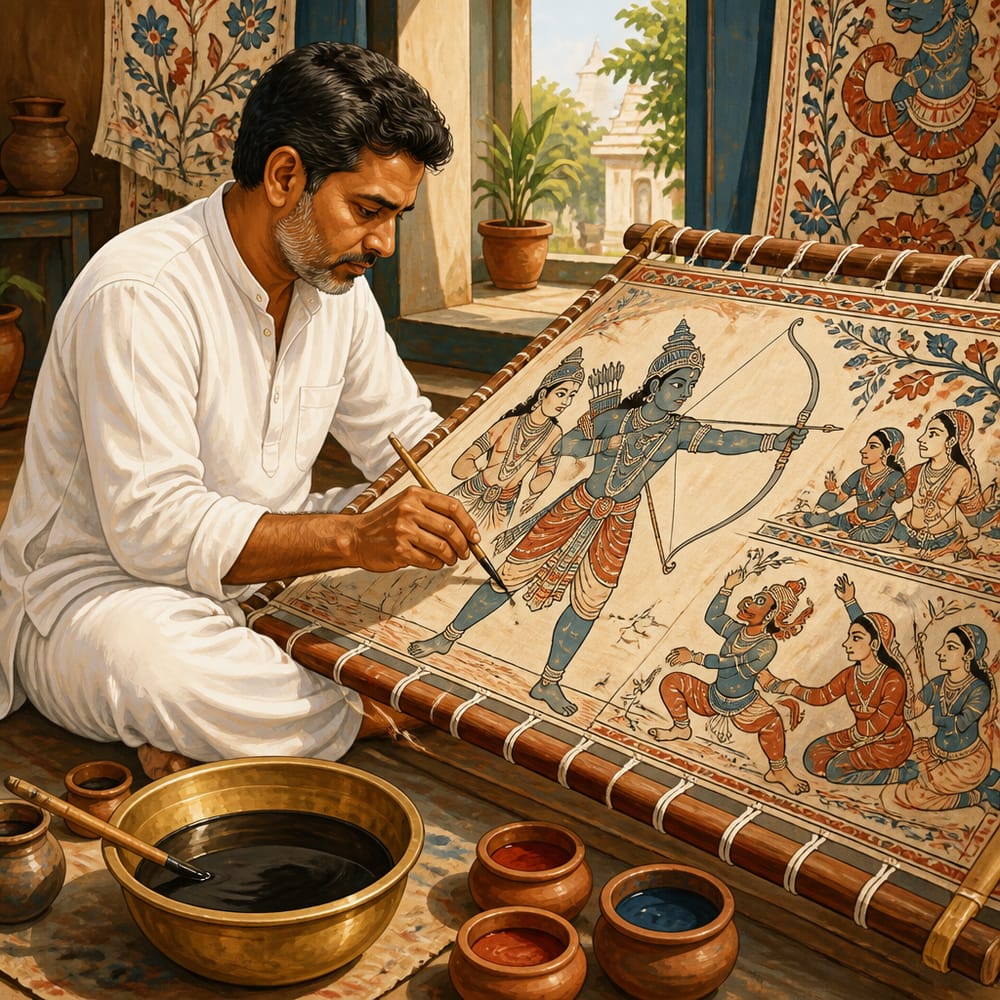 Niranjan drawing Rama with bamboo kalam at Srikalahasti workshop