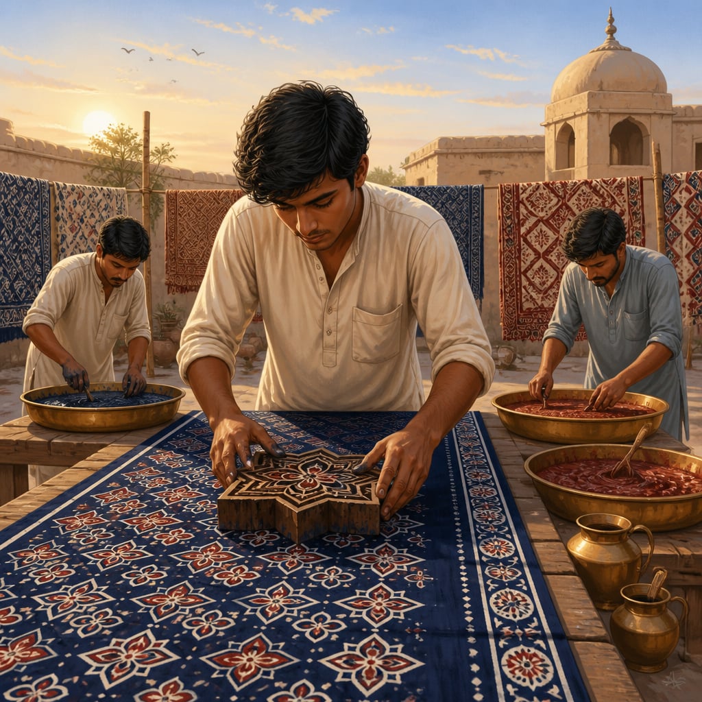 Khatri printer aligning Ajrakh block on indigo cotton at dawn
