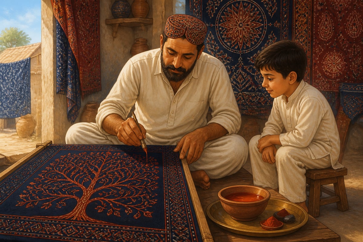 Abdul Gafur Khatri drawing Rogan tree-of-life with iron stylus