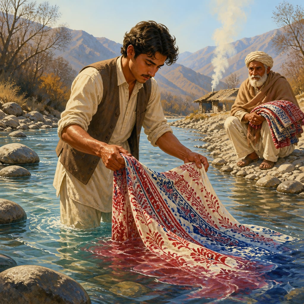 Young Ismail Khatri washing block-printed Bagh cloth in Baghini river