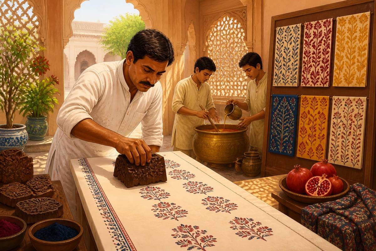 Sanganer master printer stamping Mughal floral block on cream cotton