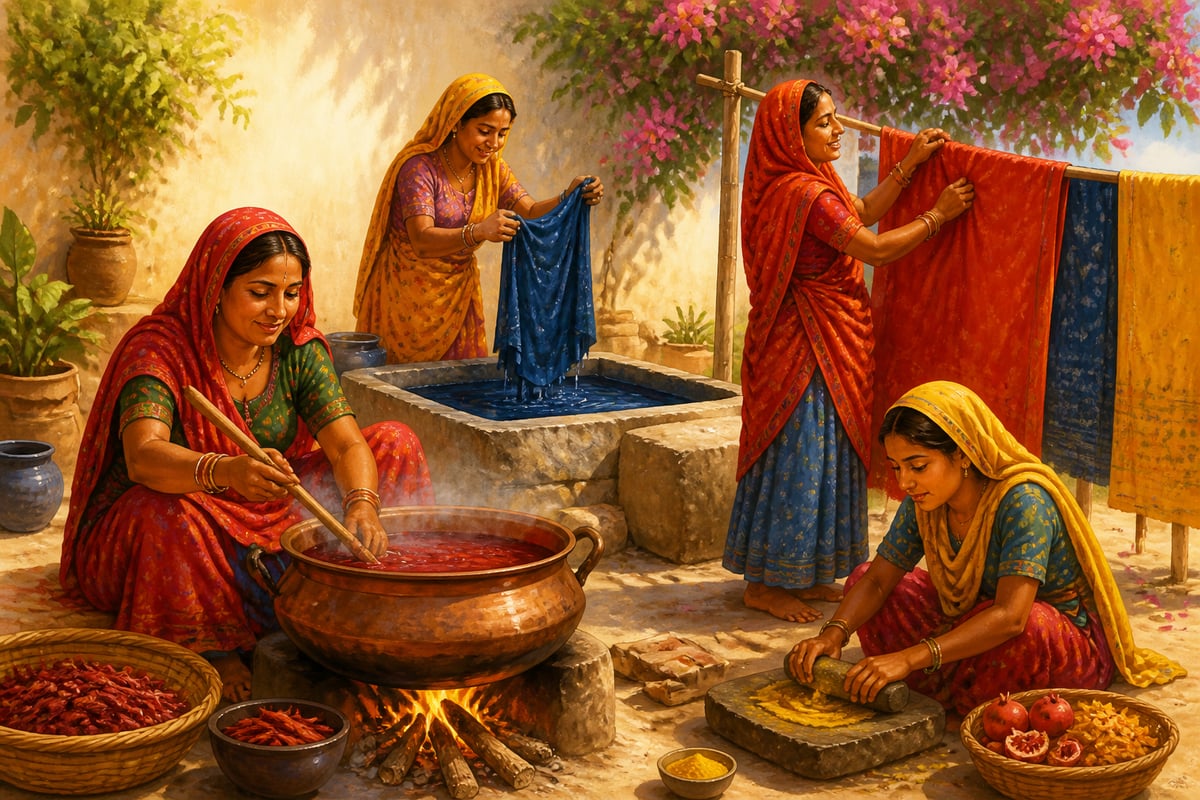 Aavaran village women dyeing cotton in manjistha and indigo