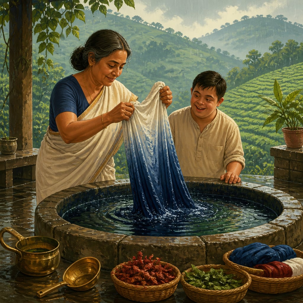 Bindu Nayar lifting cotton from indigo vat at Aranya Naturals Munnar