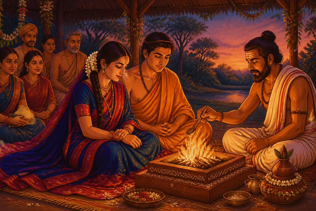 Vedic bride in nila-lohita wedding cloth beside sacred fire