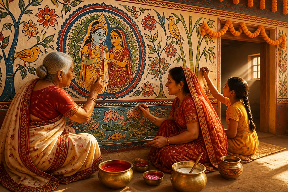 Three generations of Mithila women painting kohbar wedding wall