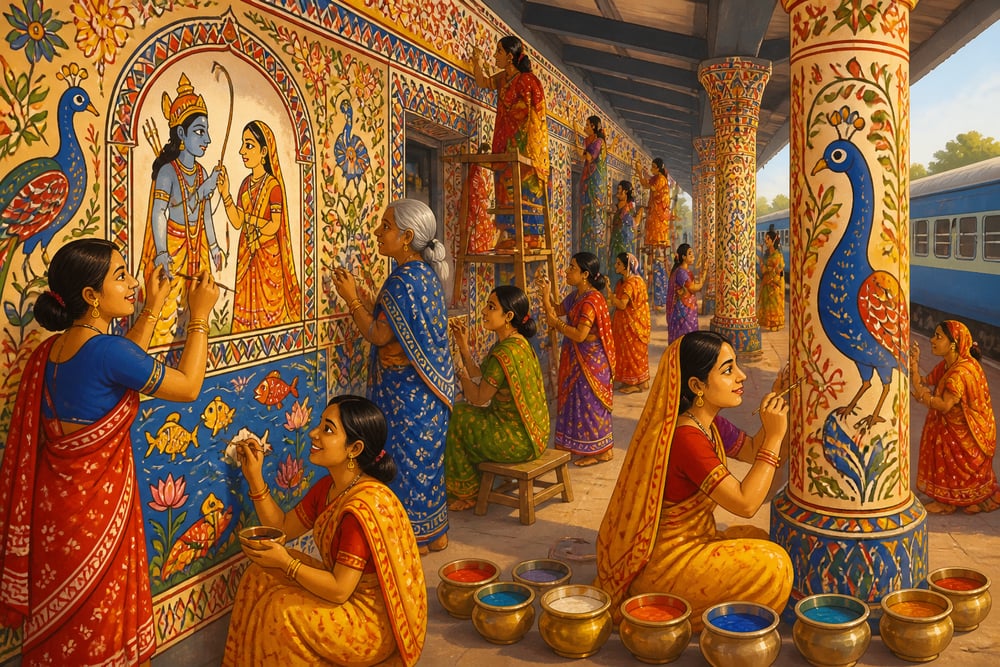 Mithila women painters covering Madhubani Railway Station 2017