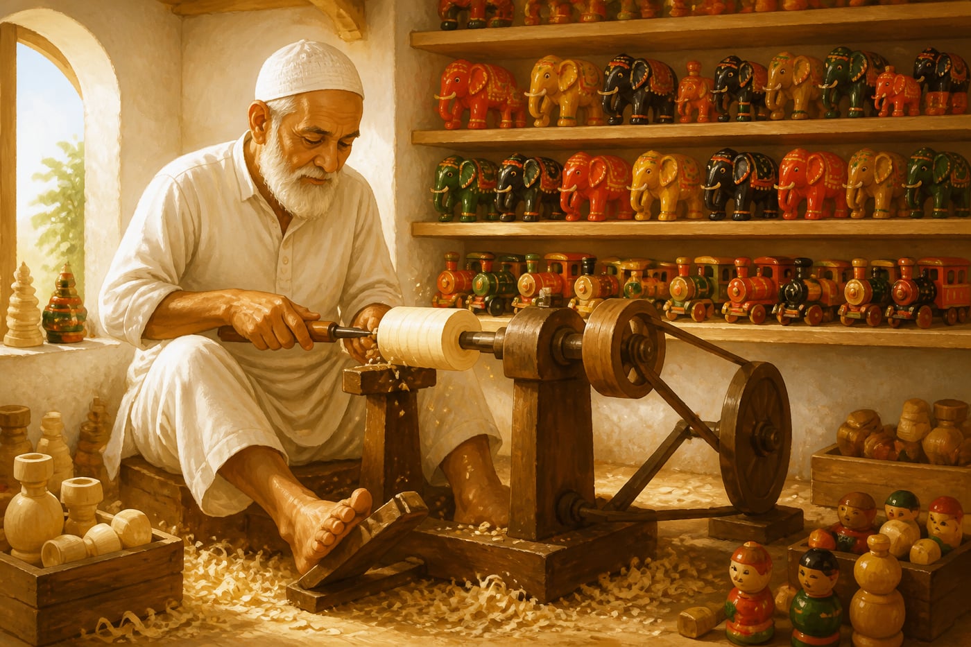 Bavas Miyan at his Channapatna aale mara lathe with unsold toys stacked behind