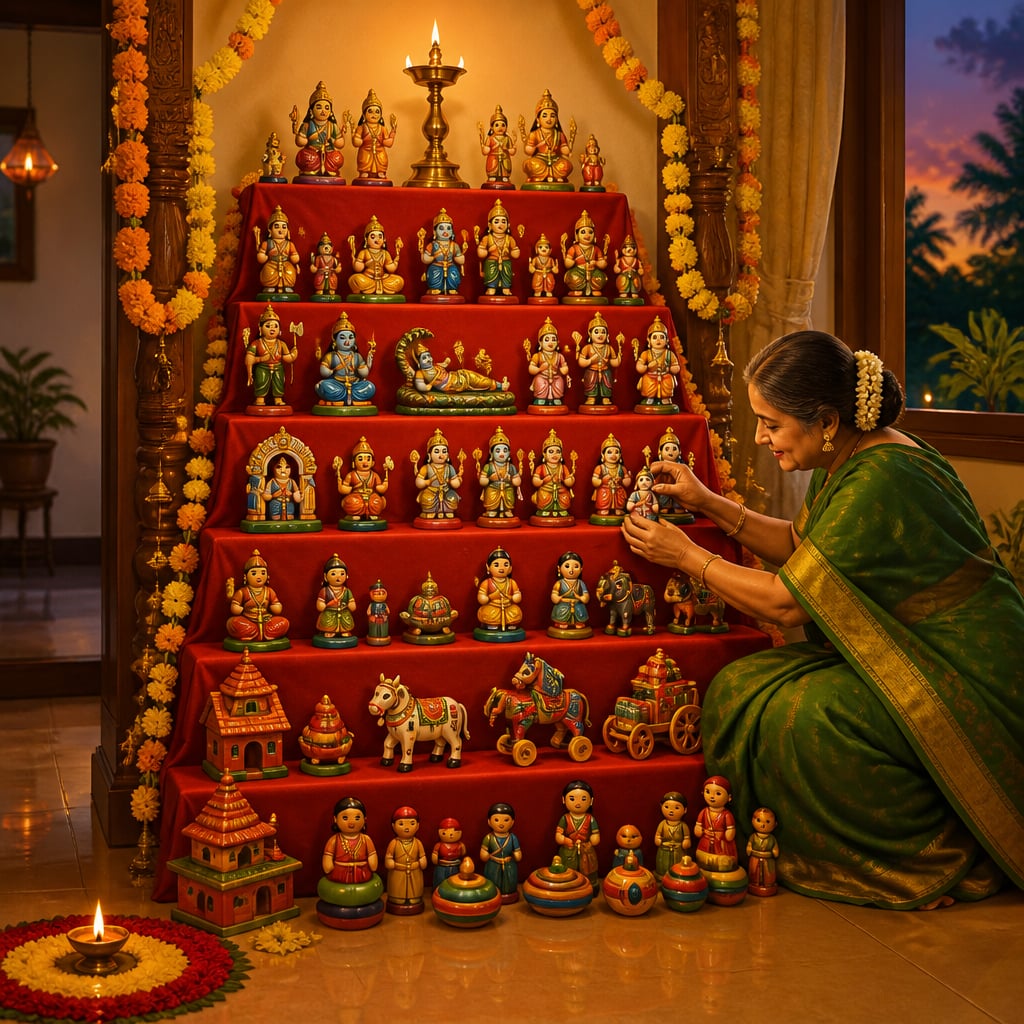A Bommala Koluvu doll display arranged for Navratri in a South Indian home