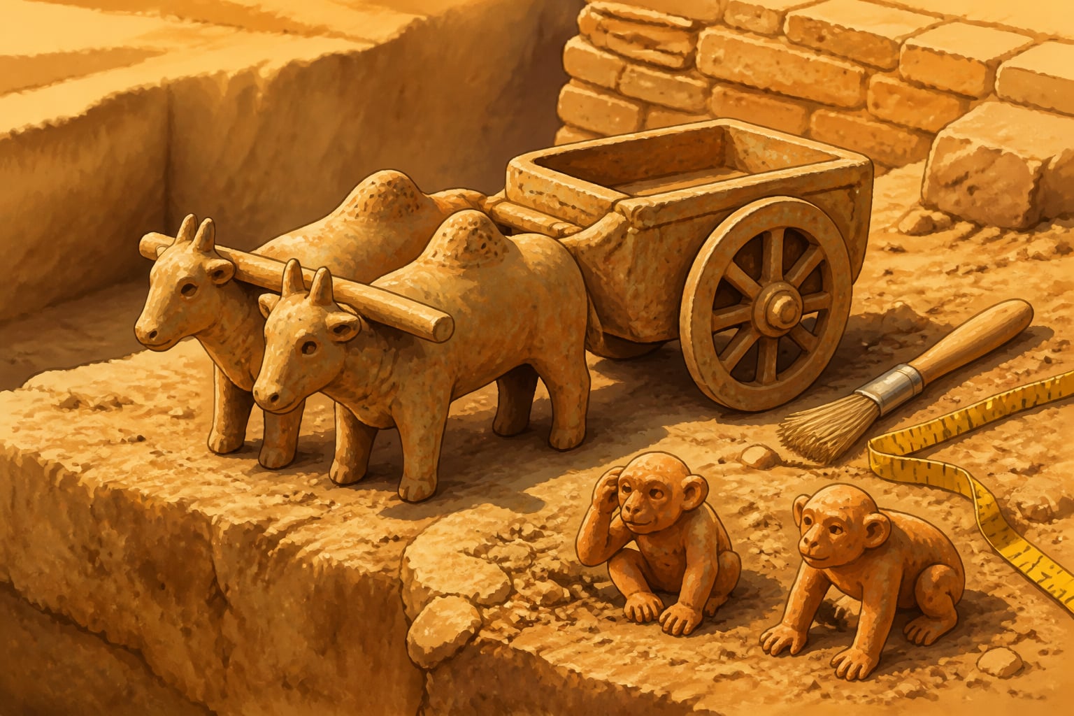 Harappan terracotta toy bullock cart and monkey figurines at an archaeological dig