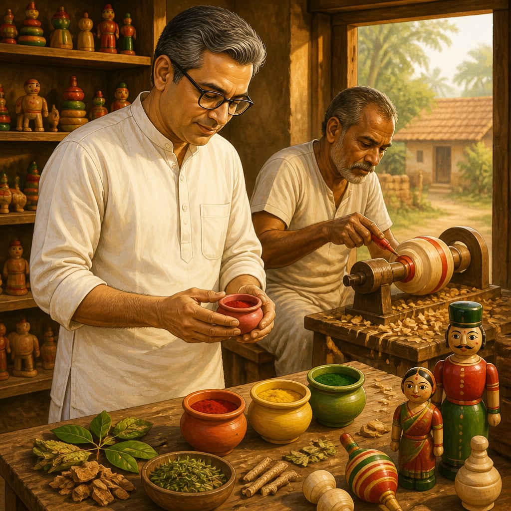 C.V. Raju inspecting plant dyes in his Etikoppaka workshop in the winter of 1988