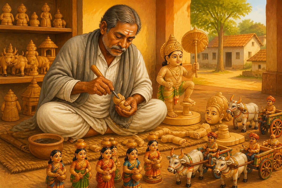 A Kondapalli Nakashi carver hand-assembling a Dasavatara figurine in his village workshop