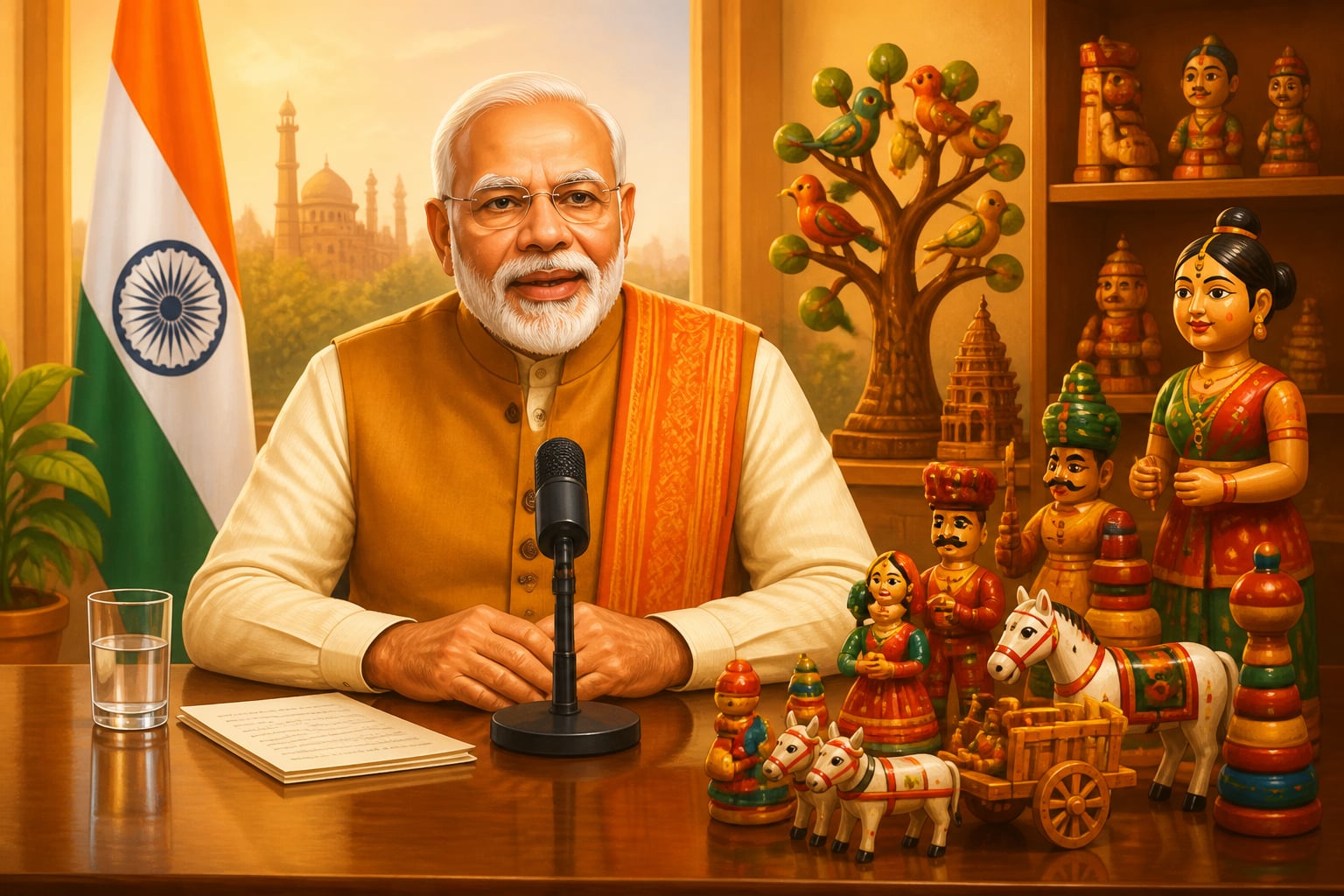PM Modi recording the August 2020 Mann Ki Baat address on local toys