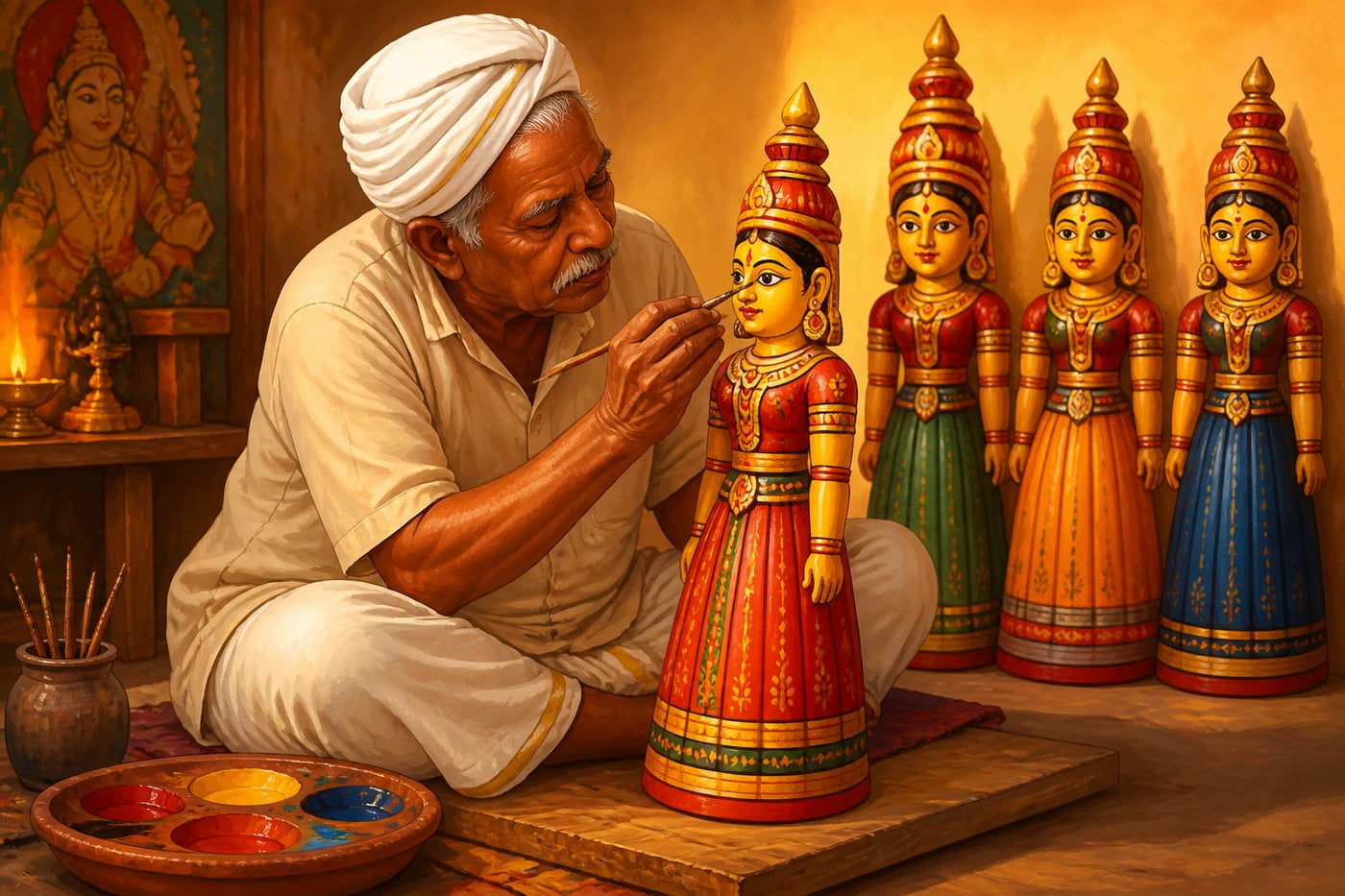 A Kinhal Chitragar painter carefully painting a Navaratri wooden temple doll