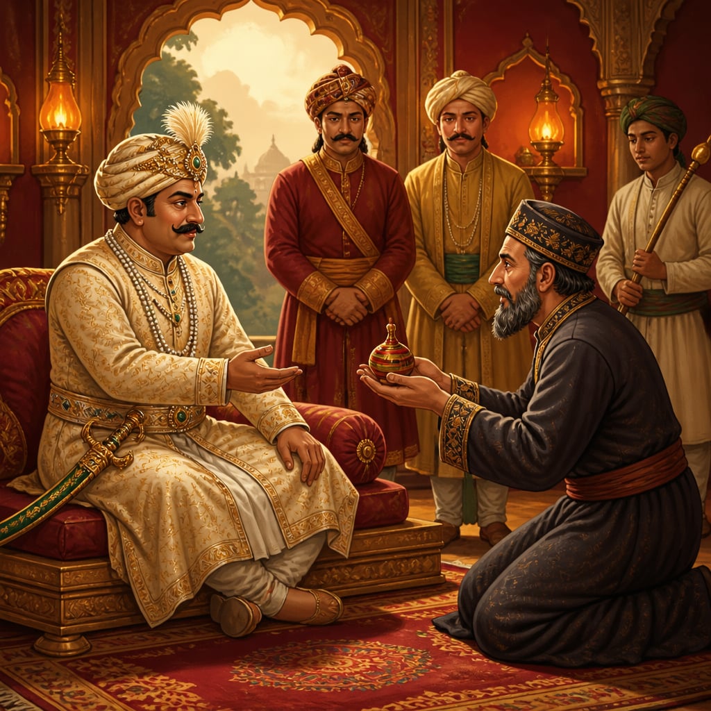 Tipu Sultan welcoming a Persian master craftsman at his Srirangapatnam court