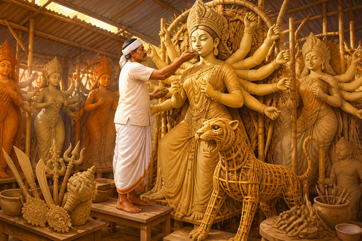 A Kumartuli idol-maker smoothing the clay face of a Durga idol in his Kolkata workshop
