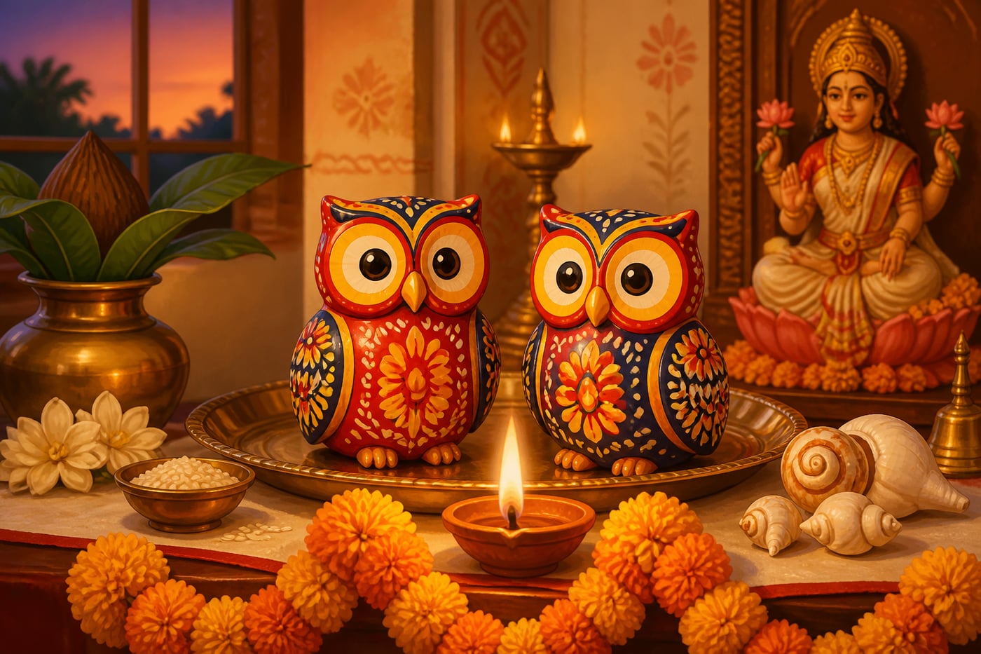 A pair of Natungram wooden owls on a Bengali Lakshmi Puja altar at dusk