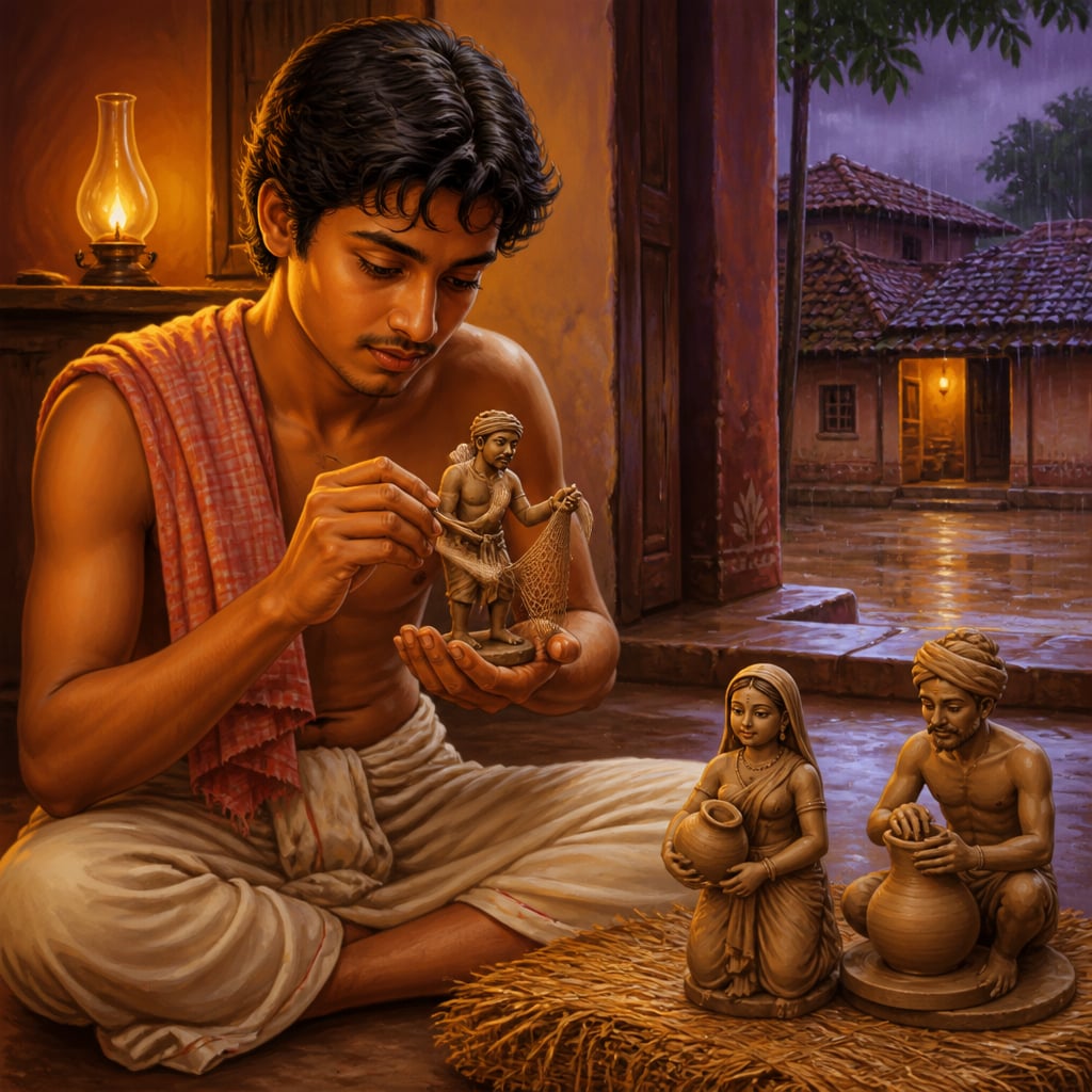 Nitai the young Krishnanagar modeller shaping a tiny clay fisherman in 1850 Ghurni