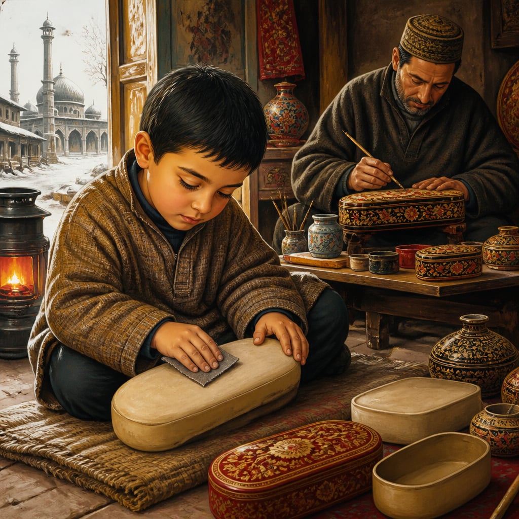 Seven-year-old Maqbool Jan sanding a papier-mache pen case in 1968 Zadibal