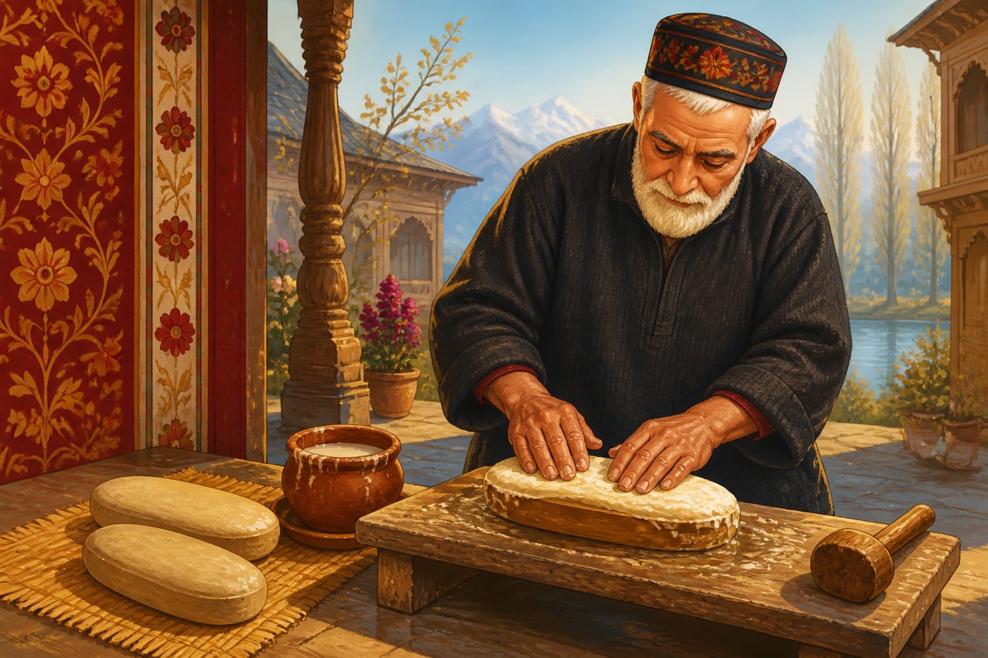 A Kashmiri sakhtsaz pressing pulp by hand over a wooden core in his courtyard