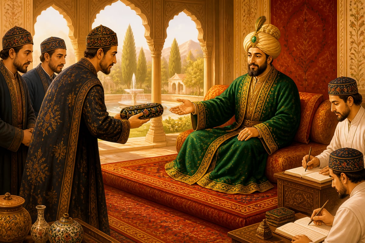 Sultan Zain-ul-Abidin welcoming Persian craftsmen presenting a papier-mache pen case