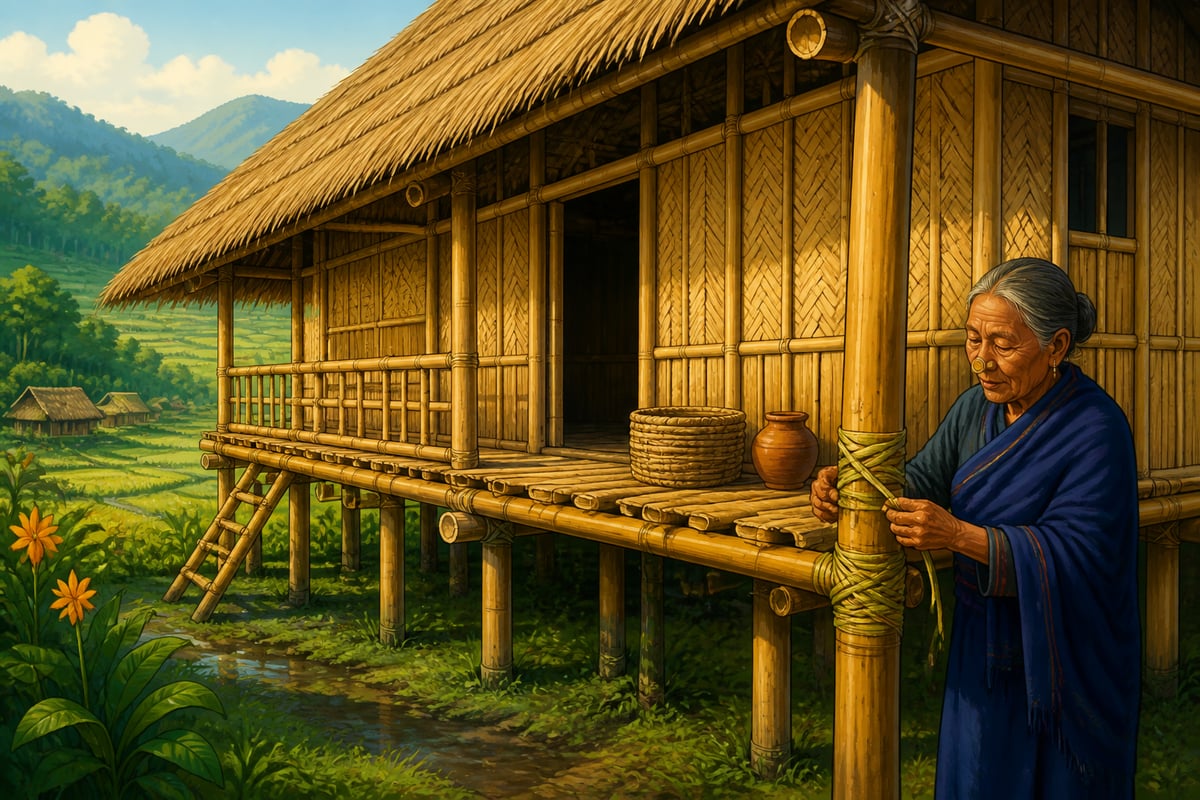 An Apatani grandmother lashing cane around her stilted bamboo longhouse in Ziro valley