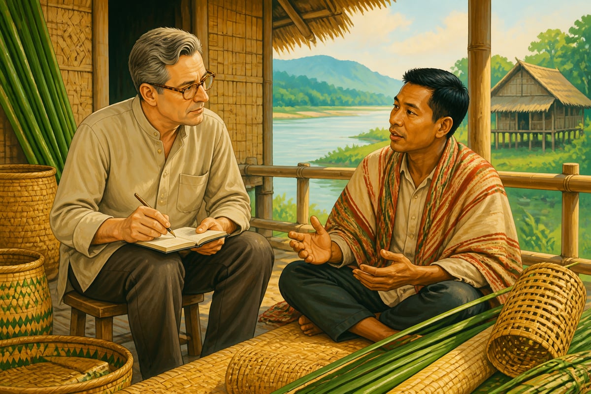 Verrier Elwin taking notes on the veranda of a Mising longhouse in 1954