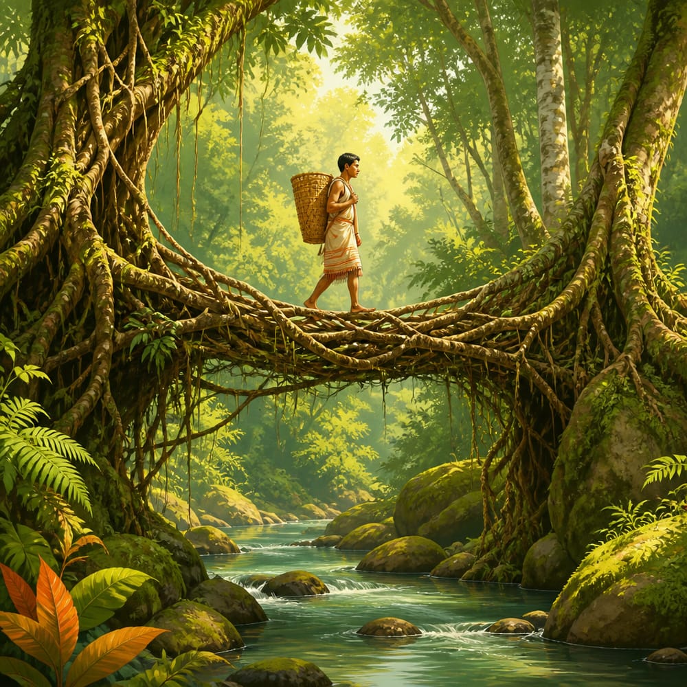 A Khasi living root bridge of woven Ficus elastica roots in the Meghalaya rainforest