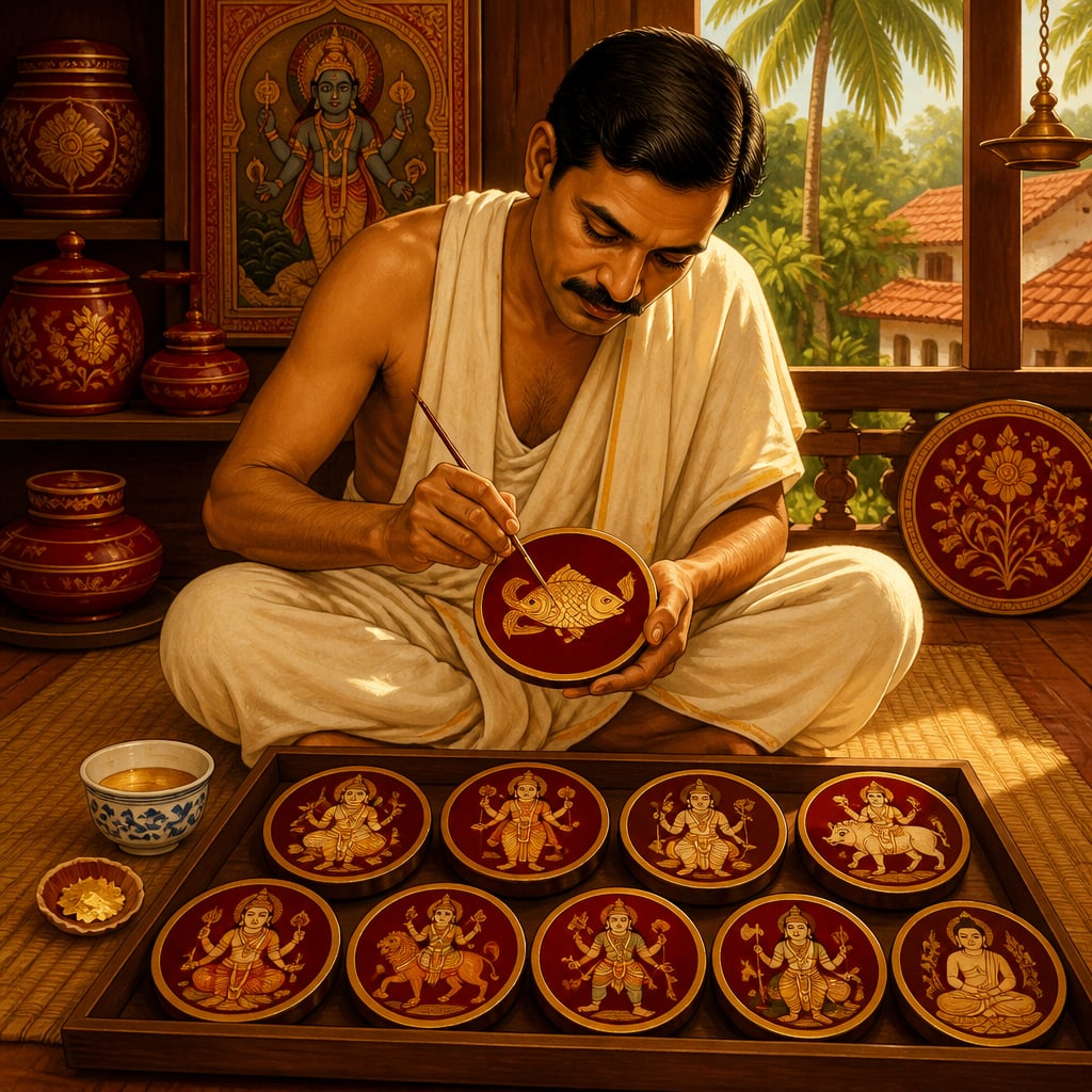 Govinda the Chitari painter painting a golden Matsya fish on a Sawantwadi ganjifa card