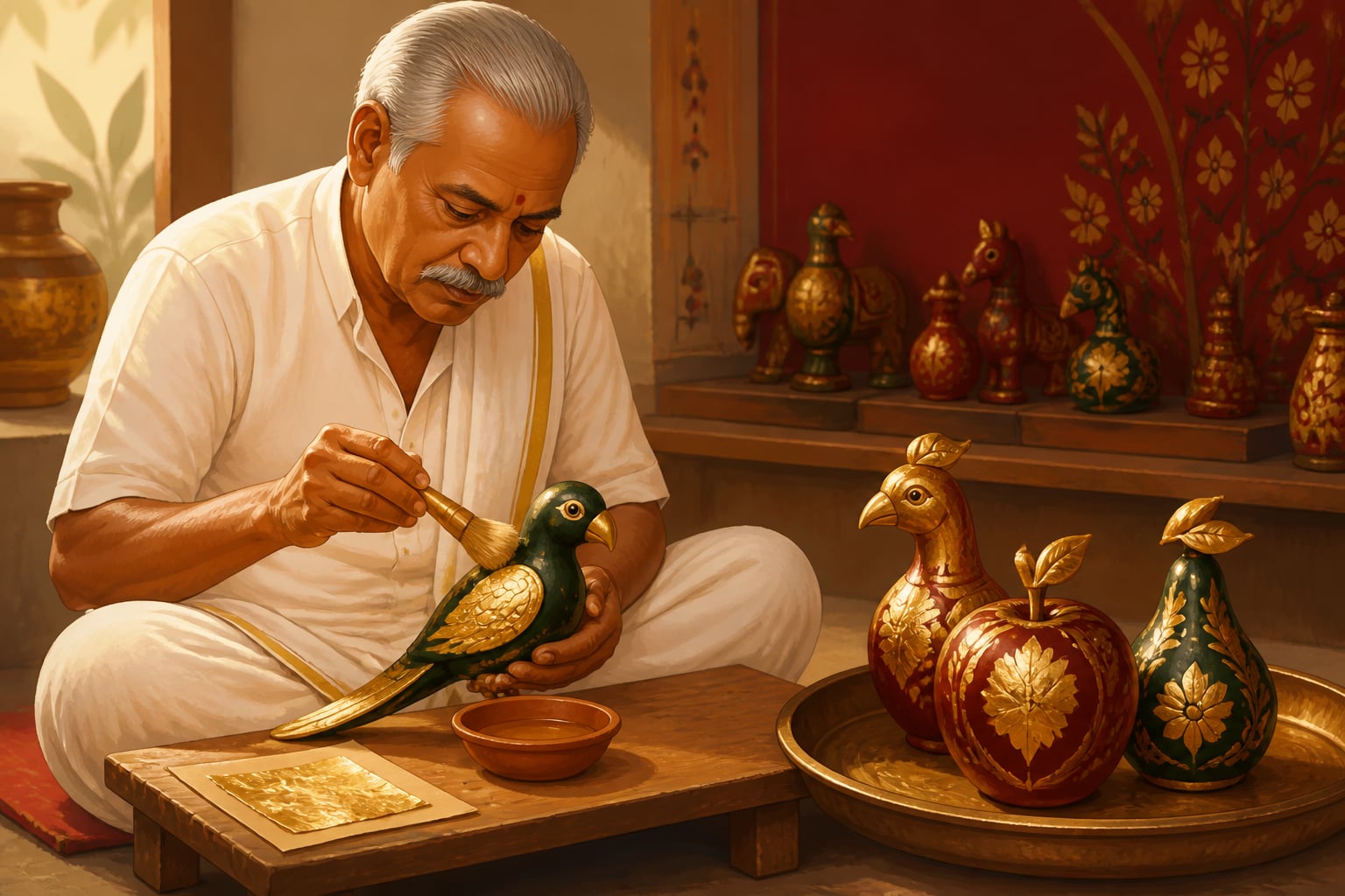 A Nirmal master pressing gold leaf onto a freshly painted wooden parrot toy