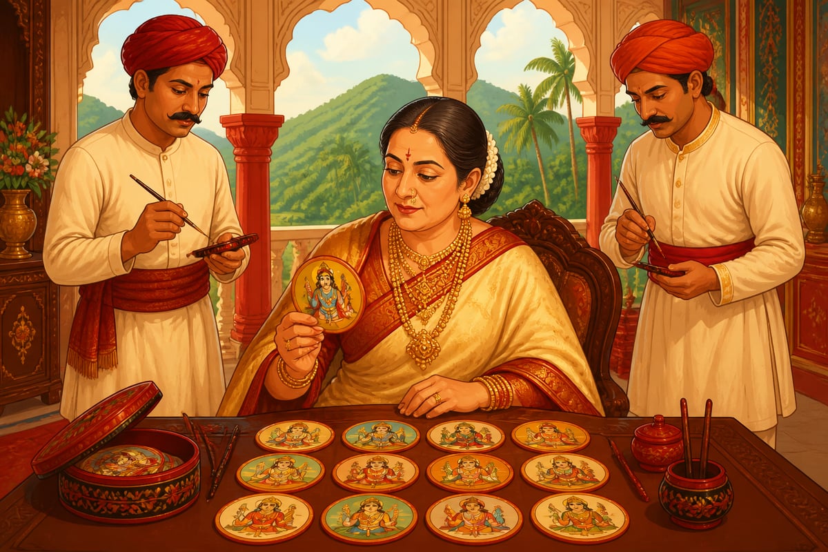 Maharani Satvashiladevi Bhonsle inspecting a revived Dashavatara ganjifa deck at her Sawantwadi palace