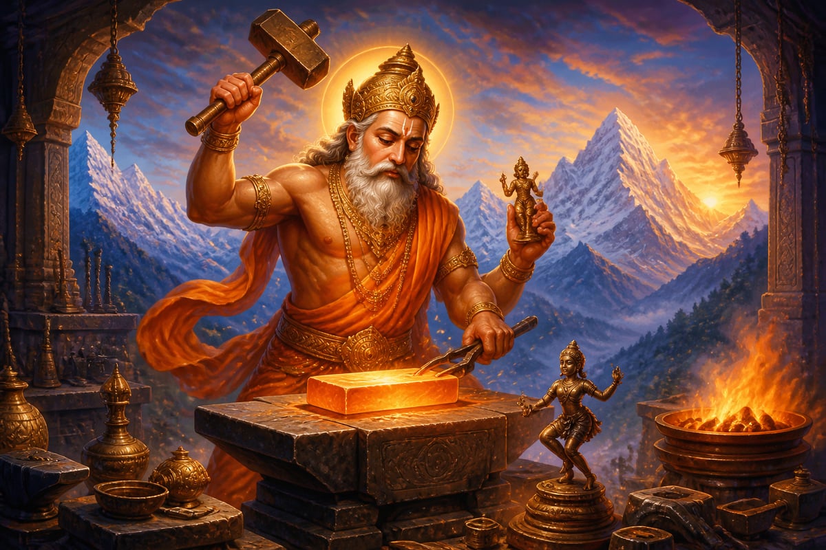 Vishvakarma the cosmic craftsman at his celestial mountain forge