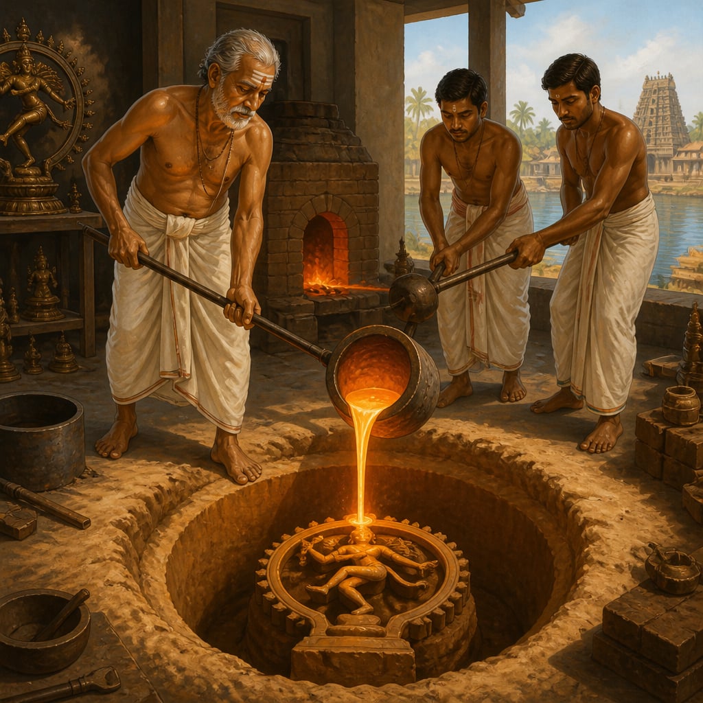 Swamimalai sthapati pouring molten panchaloha into a Nataraja mould