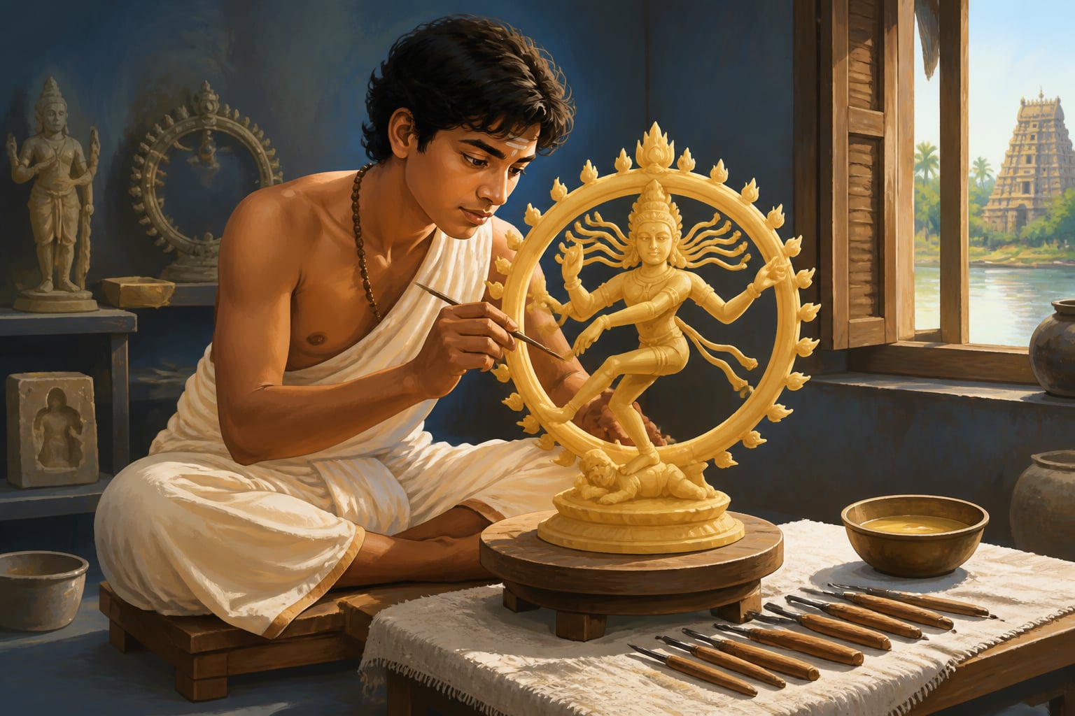 Sthapati shaping the lost-wax beeswax model of Nataraja