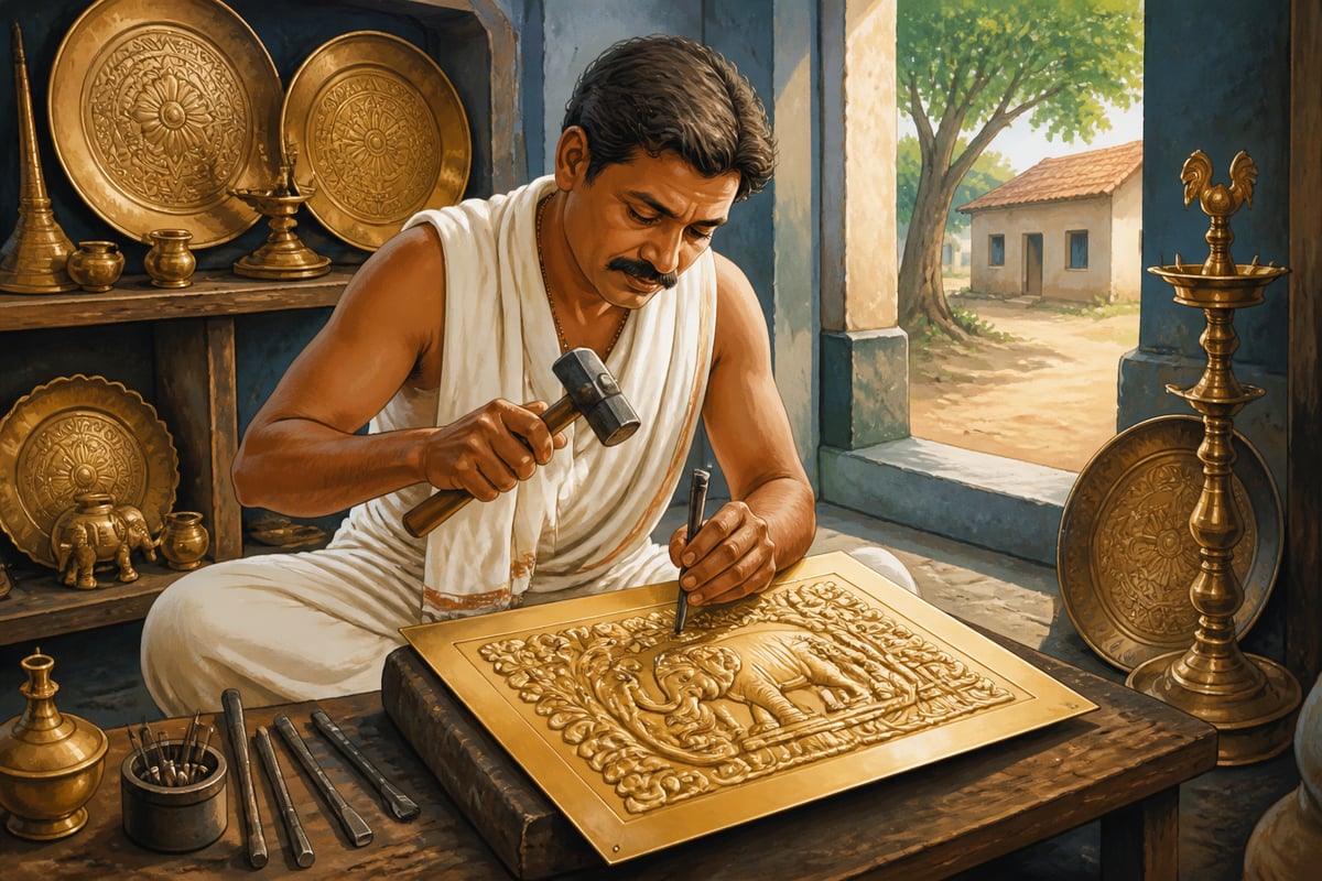 Pembarthi Vishwakarma artisan hammering Kakatiya-era brass repousse