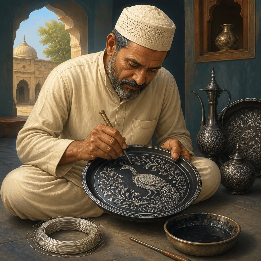 Shah Rasheed Quadri inlaying silver wire on a black Bidri tray
