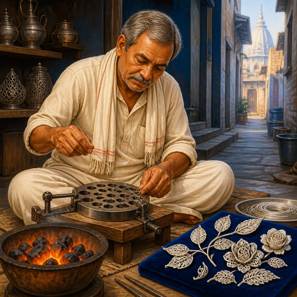 Cuttack tarakasi craftsman pulling silver wire through a draw plate
