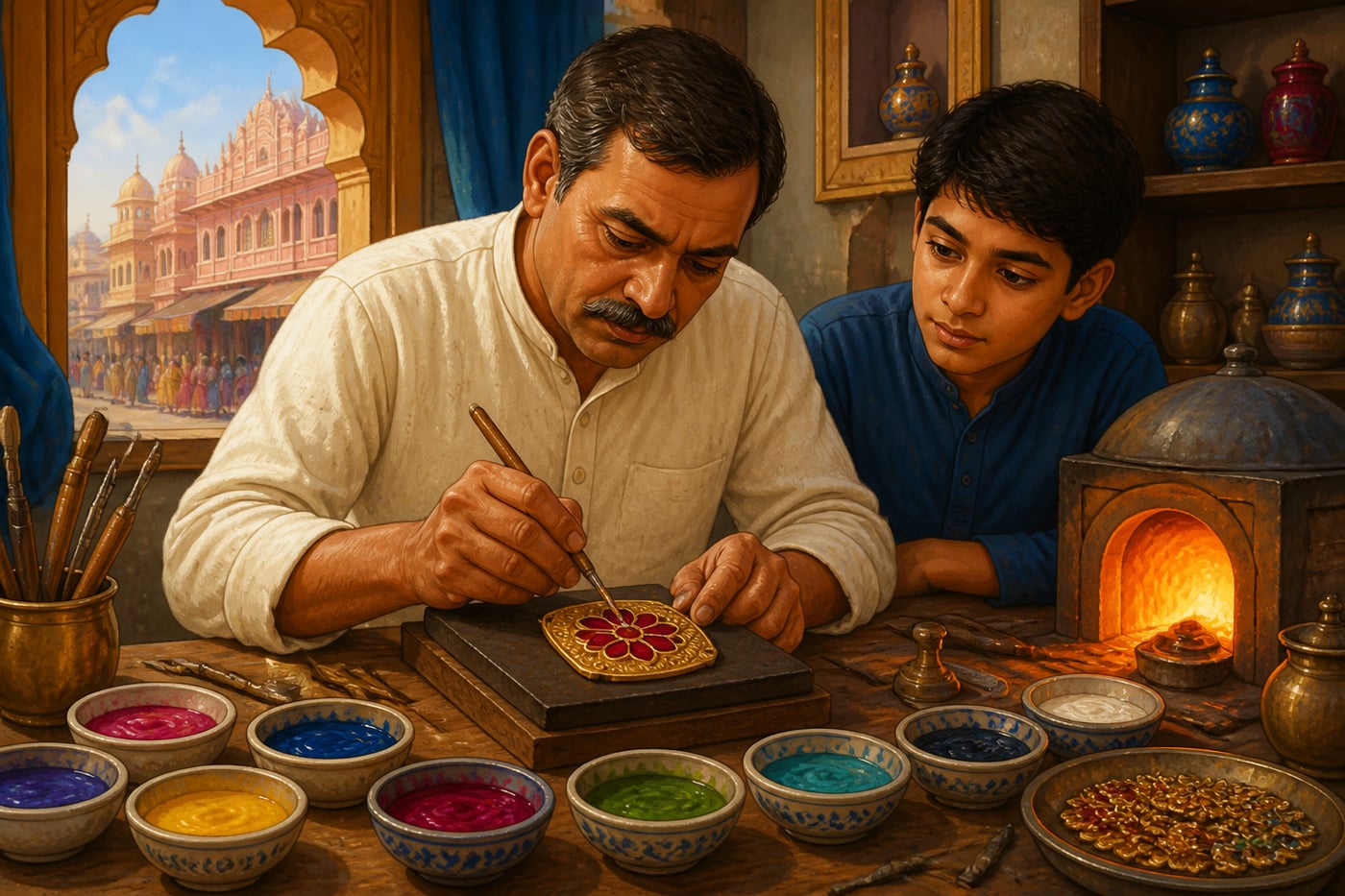 Jaipur meenakar applying ruby-red enamel into engraved gold