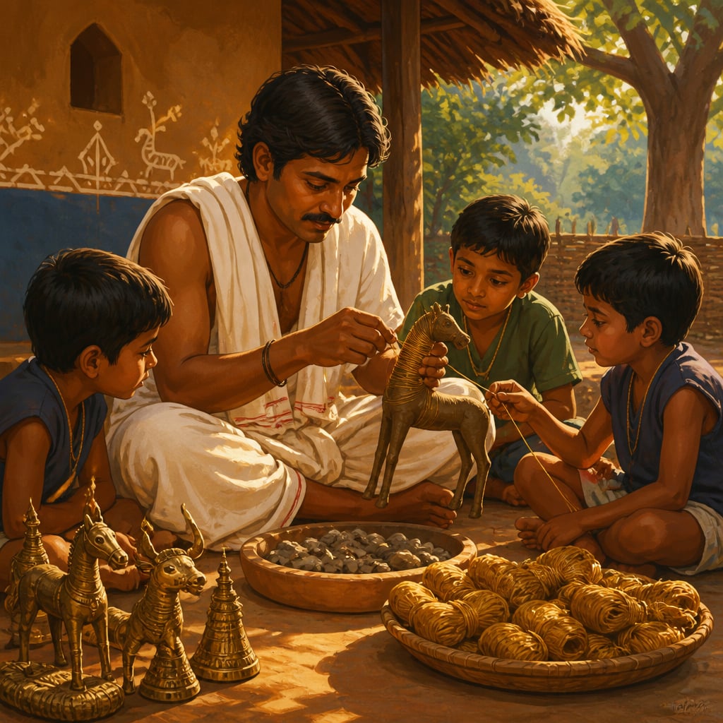 Jaidev Baghel teaching nephews to wind wax thread in Kondagaon
