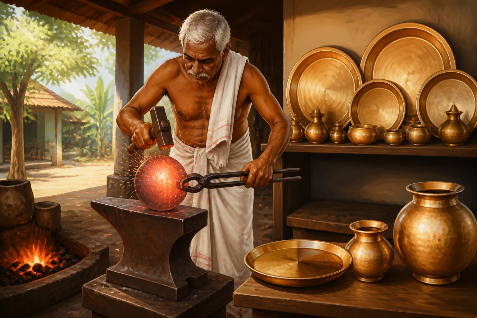 Sarthebari kamsari hammering a glowing bell-metal vessel